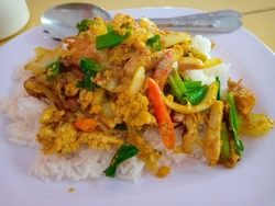 Seafood Curry Powder Fried Rice, Close up