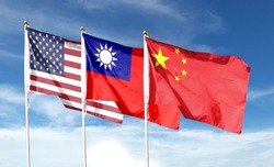 American flag and Taiwan flag with Chinese flag on cloudy sky. waving in the sky