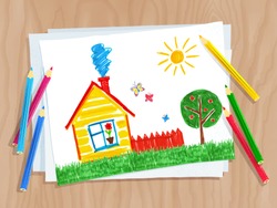 Top view vector illustration of child drawing of house and tree on white paper on wooden desk background with pencils.
