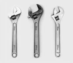 Adjustable spanner set. Chrome vanadium adjustable wrench top view. Hand wrenches in different sizes.