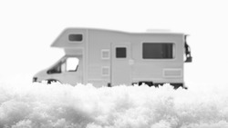 Winter camping. Motorhome in nature, nomadic life for travelers on winter vacation.