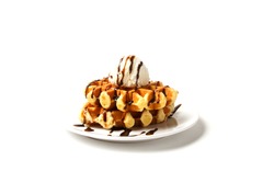 Belgian Liege Waffles With Ice Cream Ball And Chocolate Sauce On  Plate Isolated On White Background. Side View.