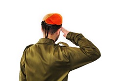 An Israel Defense Forces soldier wearing an orange beret salutes.  IDF soldier, young israeli, salutes on white isolated background. Jewish soldier