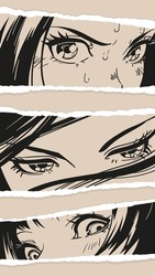 Three pairs of Asian Girls eyes. Manga style. Japanese cartoon Comic concept. Anime characters. Hand drawn trendy Vector illustration. Pre-made prints. Every illustration is isolated