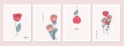 Set of cards decorated with rose line drawing. Scribble of simple design elements for greeting card, invitation, wedding, invite, love. Colorful minimal cartoon style. Flat design.Vector illustration.