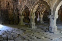 Tombstones inside church. Medieval Sanahin Monastery. Sanahin village, Lori Province, Armenia.