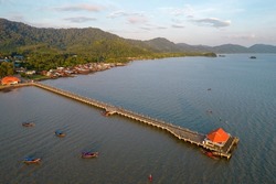 Aerial view of Ko Lanta Old Town pier on sunny evening. Krabi Province, Thailand.