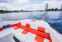 Luxury yacht seats. Sailing yacht in the river