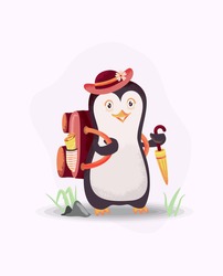 Penguins ready for vacation. Vacation background theme with pinguin, hat, umbrella and bag