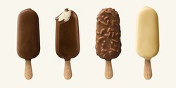 Popsicle - Coated with chocolate, white chocolate, peanut chocolate. High quality.