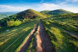 Soon after sunrise in the summer,looking northwards at the second main hill from the north of the Malvern hill range.Sugarloaf Hill lies between the Worcestershire Beacon and North Hill.