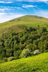 Trees and green meadowland leading up the hilly slopes to the distant summit of the highest point of the Malvern Hills,against blue skies on a sunny summer day.