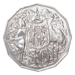 Fifty Australian cents coin with coat of arms isolated on white background