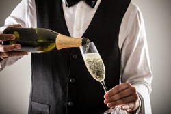 Portrait of a waiter holding a champagne bottle