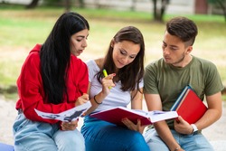 Group of students studying outdoor in park near school, college or university