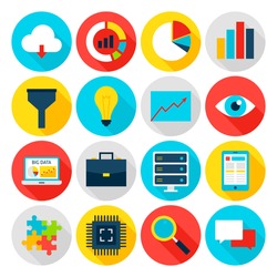 Big Data Flat Icons. Vector Illustration. Business Statistics. Set of Circle Items with Long Shadow.
