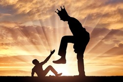 Selfishness. The big man with the crown on his head intends to destroy the little man. The concept of behavior as a selfish tyrant and dictator in business, politics and life. Silhouette
