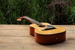  Small acoustic guitar on wooden table in the nature background