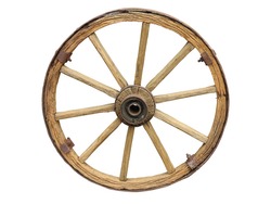Antique Cart Wheel made of wood and iron-lined isolated over white