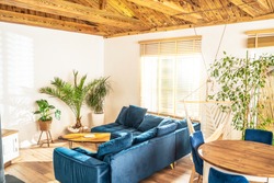 Mediterranean interior design of beautiful house, living room with big sofa and home green plants. Cozy indoor place with wooden elements and bamboo blinds transmitting the rays of the sun.