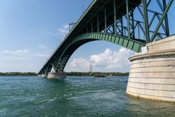 The Peace Bridge spanning the Niagara River between Fort Erie, Canada and Buffalo, New York.