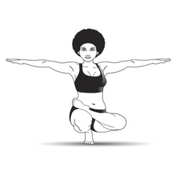 black and white young girl spreading hands in yoga pose vector cartoon