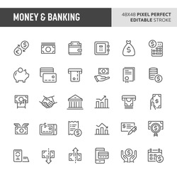 30 thin line icons associated with money and banking. Symbols such as money related items, banking and financial are included in this set. 48x48 pixel perfect vector icon with editable stroke.