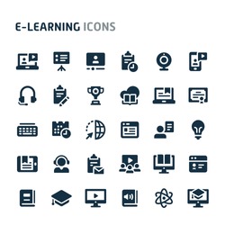 Simple bold vector icons related to online learning & education. Symbols such as source programs, media equipment & online education are included. Editable vector, still looks perfect in small size.