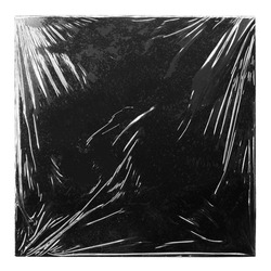 Black vinyl record album cover wrapped in transparent plastic