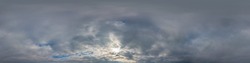 Overcast sky panorama on sunset with Cumulus clouds in Seamless spherical equirectangular format as full zenith for use in 3D graphics, game and aerial drone 360 degree panoramas for sky replacement.