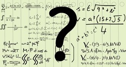 Image of question mark and mathematical equations on white background. education, knowledge and school concept digitally generated image.