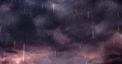Image of heavy rain falling over lightning and stormy clouds background. weather, nature, storm and rainfall concept digitally generated image.