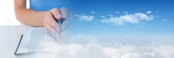 Composite image of clouds in the blue sky and hands praying over holy bible. christianity and religion concept