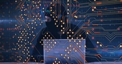 Image of computer circuit board and cyberattack warning over caucasian hacker. Global technology, computing and digital interface concept digitally generated image.