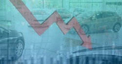 Digital illustration of cars standing over a red economy arrow going down. Finance business stock market global data processing concept digitally generated image