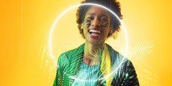 African american female fan with brazilian flag and face paint by illuminated plants and circle. Copy space, composite, sport, competition, soccer, shape, happy, cheering, match, nature, patriotism.