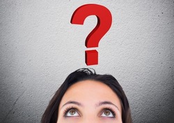 Digital generated image of woman looking at question mark graphic above her head