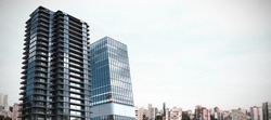 Composite image ofÂ 3d office buildings against city against blue sky