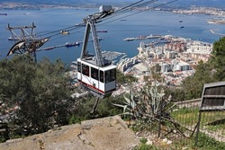 Panoramic view over Gibraltar harbour and a cable car from the top of the Rock of Gibraltar.