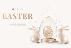Happy Easter 3D rendering banner template vector with golden bunnies and egg