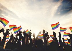 Gay Rainbow Flag Crowd Celebration Arms Raised Concept