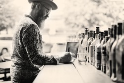 Senior Man Writing Working Liquor Alchohol Bar Concept