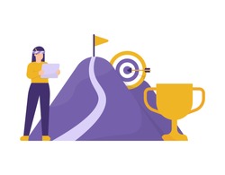the concept of achieving goal or target, strategy and business planning. illustration of a woman manager setting the path to success. mountain, trophy, flag, dartboard. flat style. design elements