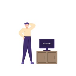 illustration of a confused man because his television has no signal. flat cartoon ideas and styles. vector design. can be used for UI elements, landing pages.