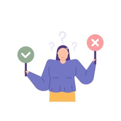 yes or no, agree or disagree, wrong or right. choice, survey, answer or decision. a woman confused to choose a tick or a cross symbol. true or false. flat cartoon illustration. concept design. element