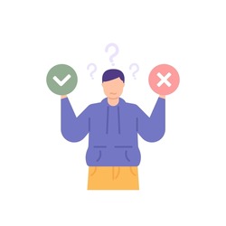 yes or no, agree or disagree, wrong or right. choice, survey, answer or decision. a man confused to choose a tick or a cross symbol. true or false. flat cartoon illustration. concept design. element