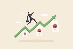 Housing price rising up. businessman running on rising green graph on house price tag or house roof. real estate or property growth concept.