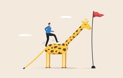 Leadership to achieve business goals. Different methods or innovations. Career success or company concept. A young man or businessman uses the length of a giraffe to grab the victory flag.
