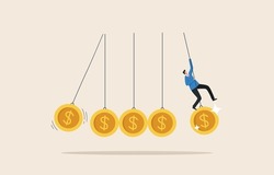 Financial management or risk management from investing in currency or government banknotes. The impact of the  economic or inflation. Businessman swinging pendulum with dollar sign.