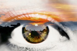 	
Double exposure of the closeup woman eye and highway with sunset on the horizon  